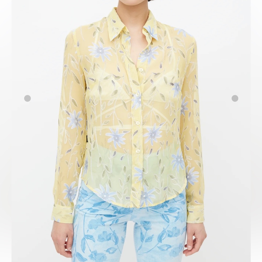 Moschino‎ Jeans Yellow & Blue Floral Sheer Shirt Blouse Size 10 NEW!!